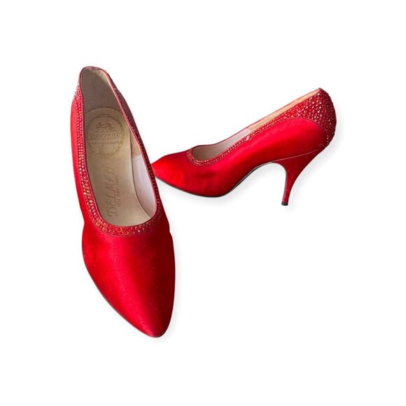 Vintage Delman Red Satin Rhinestone Heels 1950s Size 6B  Cocktail Pumps - Picture 3 of 15